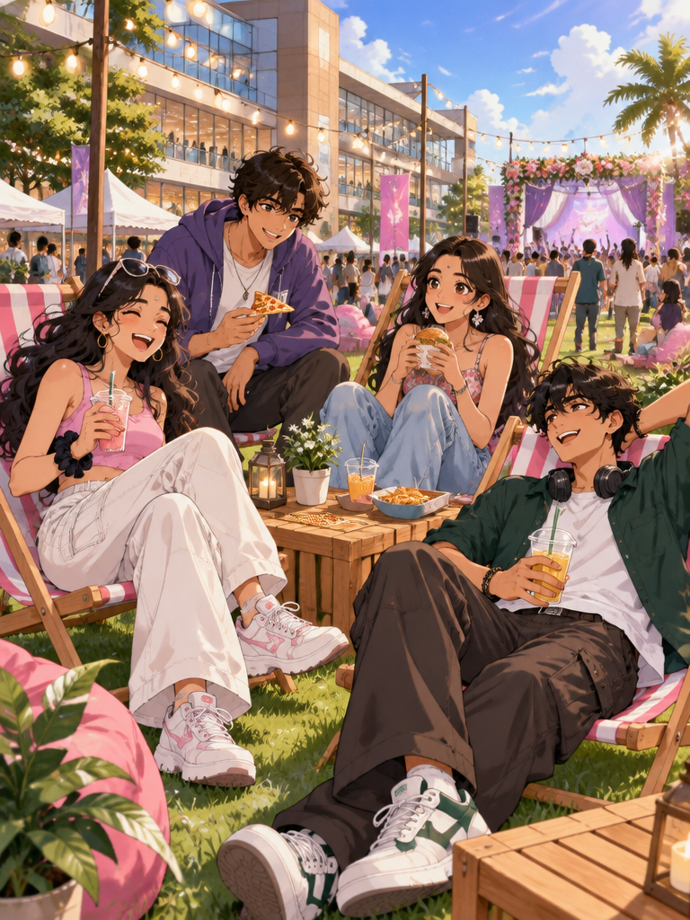 Friends relaxing in striped deck chairs on the lawn outside the mall during GenZ Fest