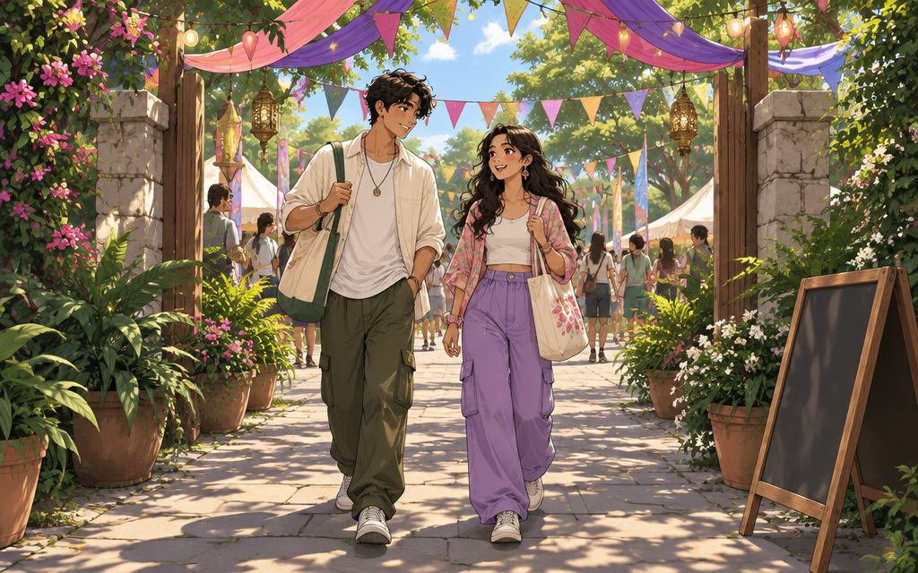 A shaded garden path strung with festival canopy and lights leading into the event