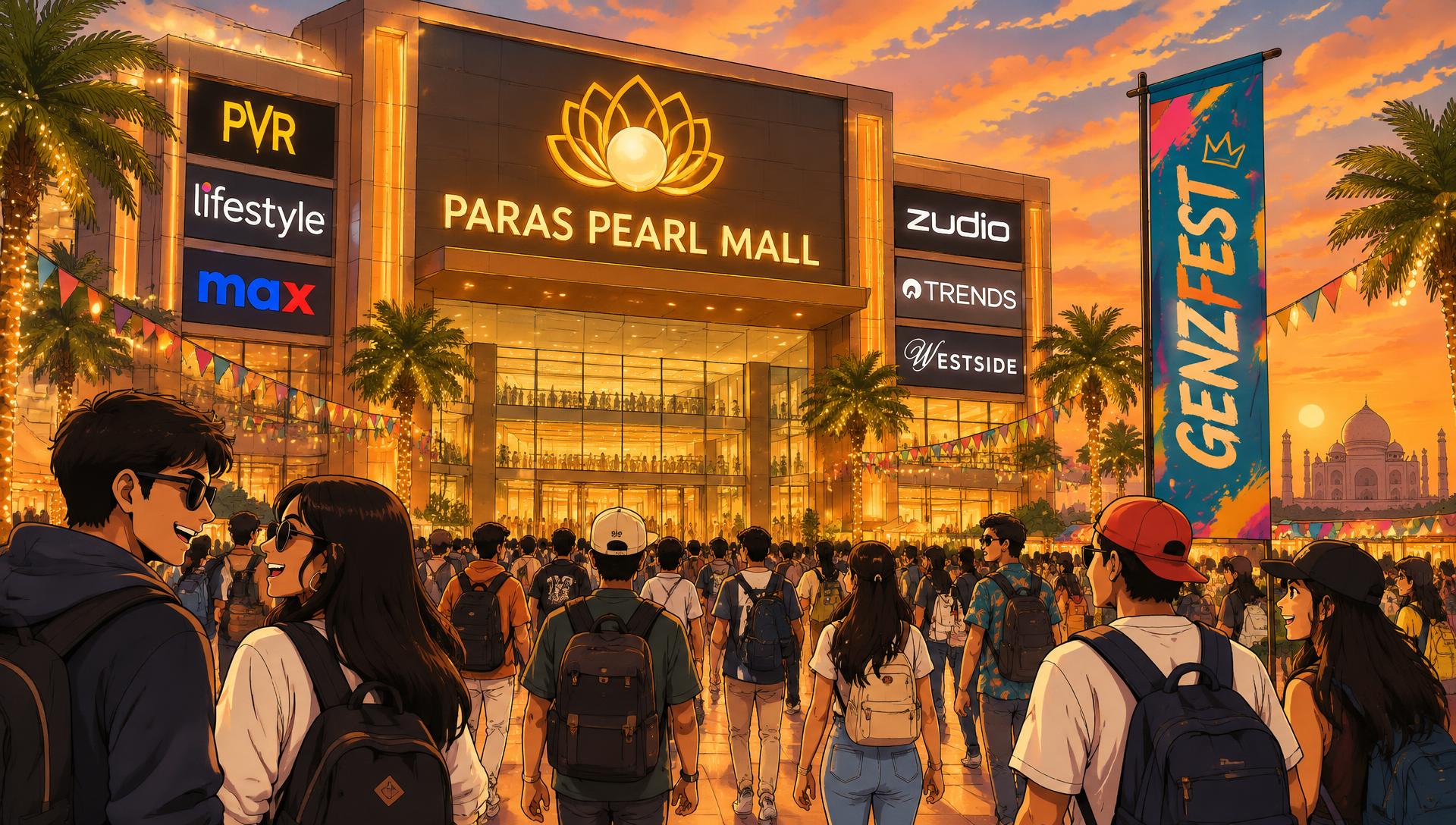 Crowds of young people walking toward the glowing Paras Pearls Mall entrance at dusk, with a GenZ Fest banner