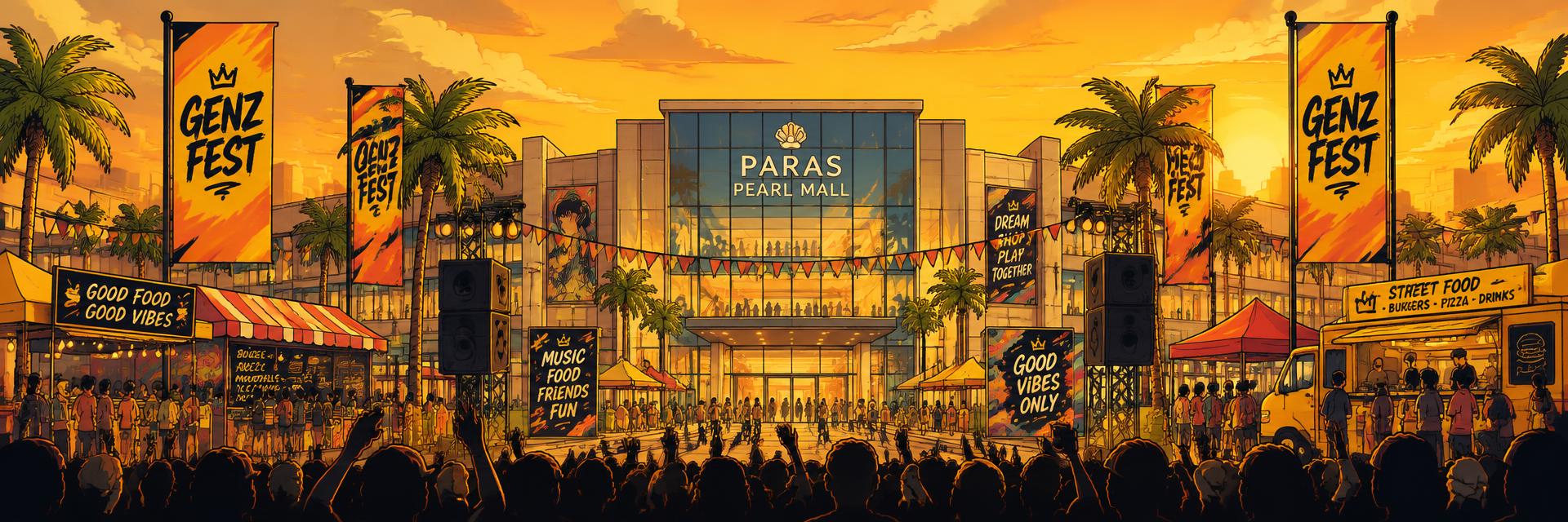 Crowd celebrating outside Paras Pearls Mall with GenZ Fest flags and food stalls