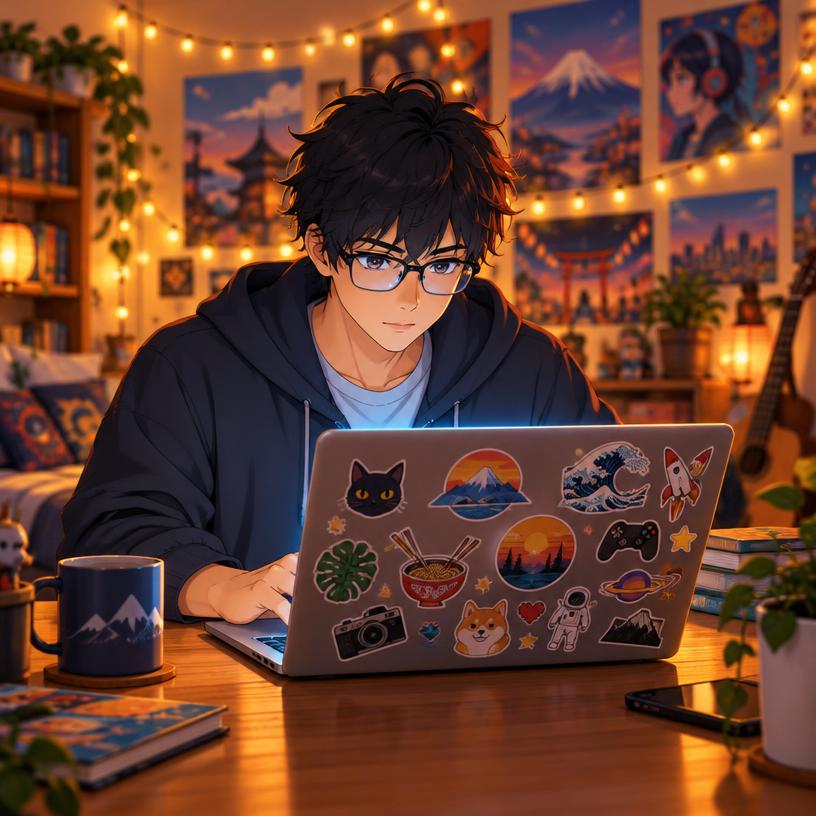 A builder working on a sticker-covered laptop during the AI hackathon