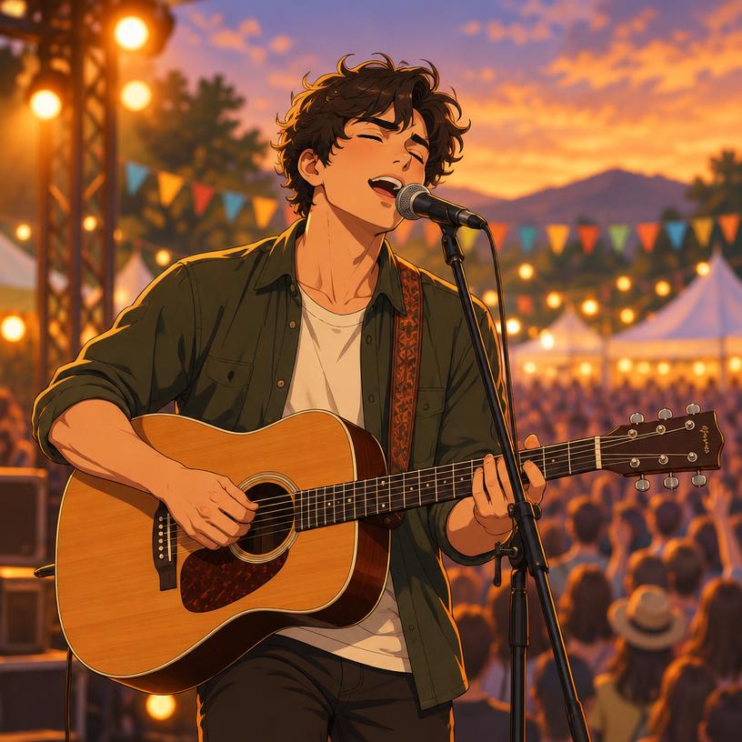 A musician singing into a mic while playing acoustic guitar