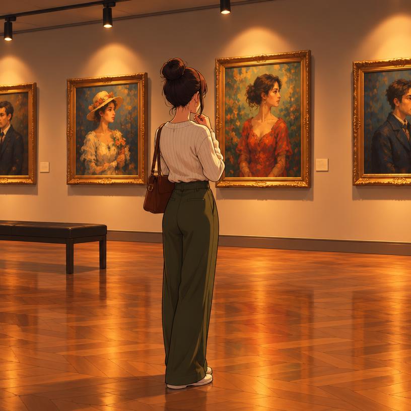 A visitor looking at framed portraits in the creative showcase gallery